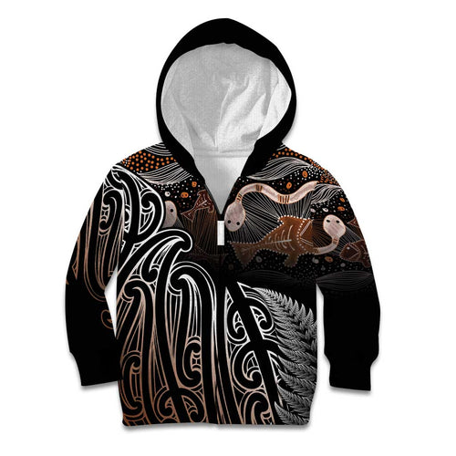 Aotearoa Maori - Australia Indigenous Kid Hoodie Koiri Whakairo Mix Aboriginal Art - Aussie Hoodie