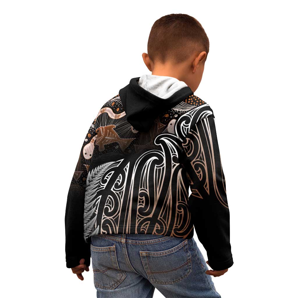 Aotearoa Maori - Australia Indigenous Kid Hoodie Koiri Whakairo Mix Aboriginal Art - Aussie Hoodie