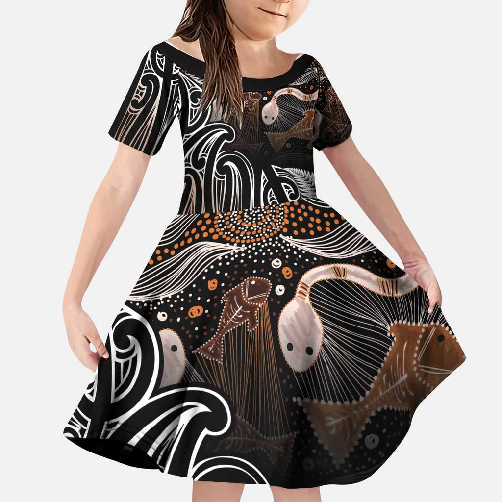 Aotearoa Maori - Australia Indigenous Kid Short Sleeve Dress Koiri Whakairo Mix Aboriginal Art - Aussie Hoodie
