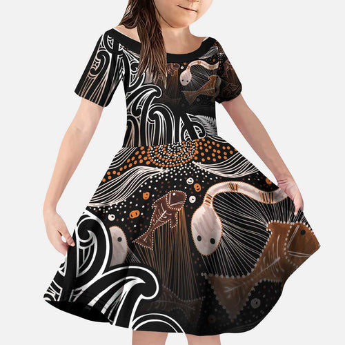 Aotearoa Maori - Australia Indigenous Kid Short Sleeve Dress Koiri Whakairo Mix Aboriginal Art - Aussie Hoodie