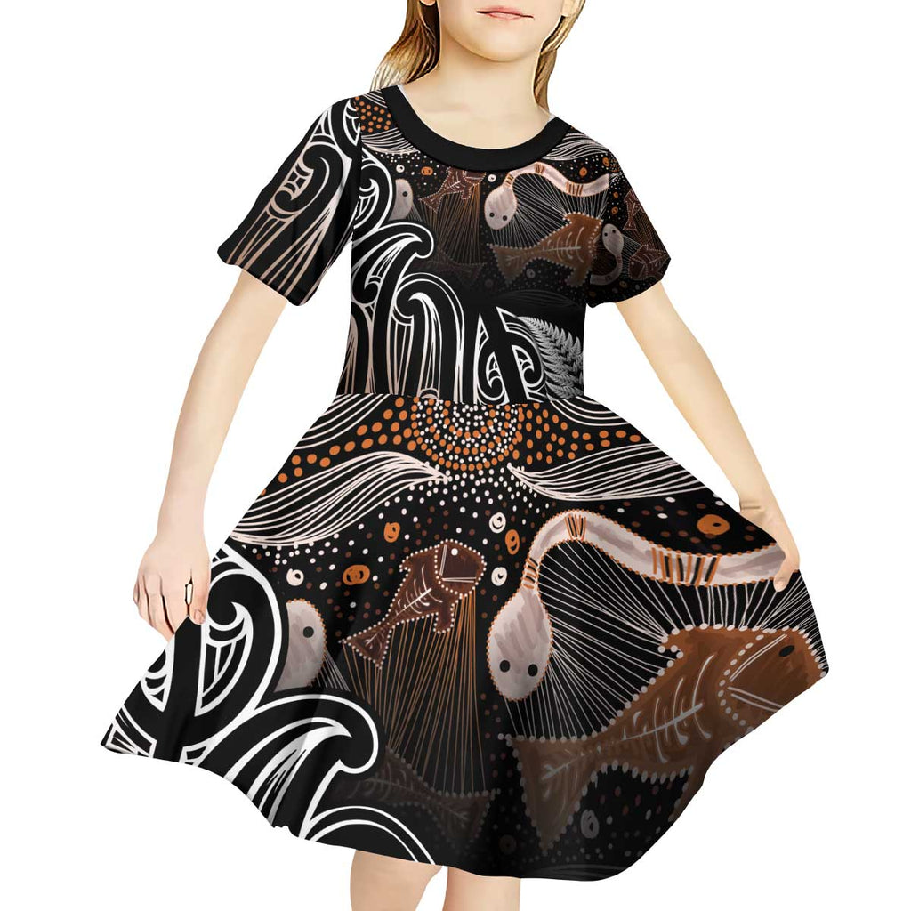 Aotearoa Maori - Australia Indigenous Kid Short Sleeve Dress Koiri Whakairo Mix Aboriginal Art - Aussie Hoodie