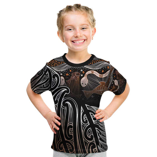 Aotearoa Maori - Australia Indigenous Kid T Shirt Koiri Whakairo Mix Aboriginal Art - Aussie Hoodie