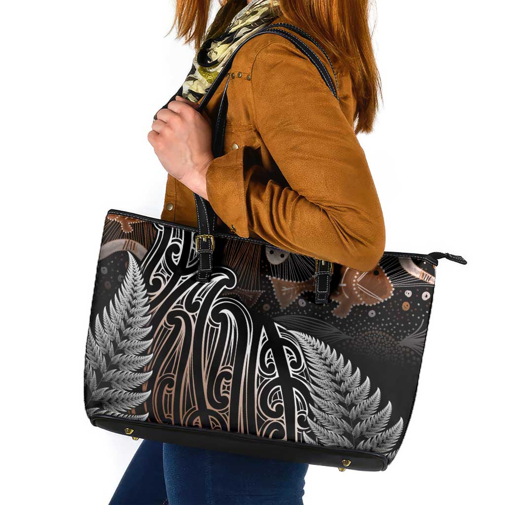 Aotearoa Maori - Australia Indigenous Leather Tote Bag Koiri Whakairo Mix Aboriginal Art - Aussie Hoodie