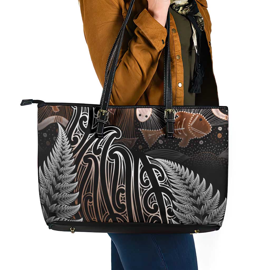 Aotearoa Maori - Australia Indigenous Leather Tote Bag Koiri Whakairo Mix Aboriginal Art - Aussie Hoodie