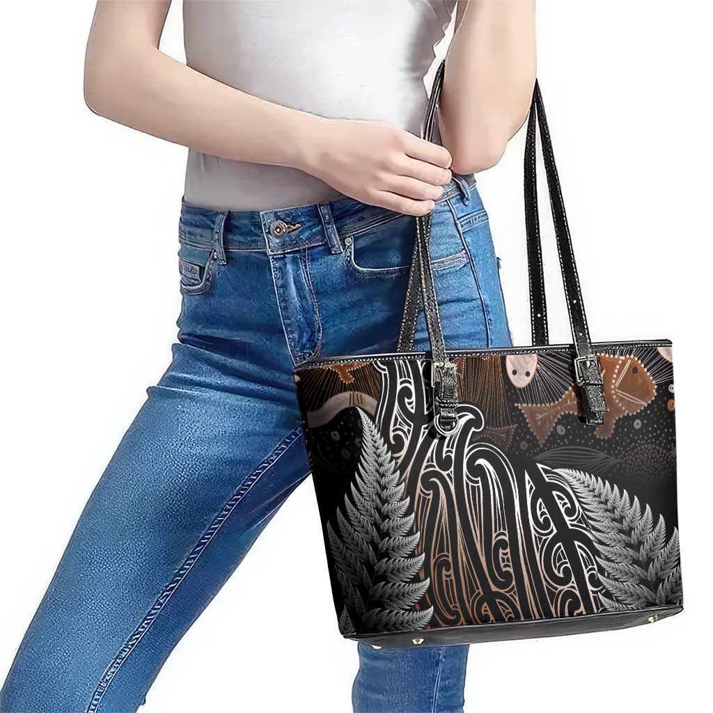 Aotearoa Maori - Australia Indigenous Leather Tote Bag Koiri Whakairo Mix Aboriginal Art - Aussie Hoodie