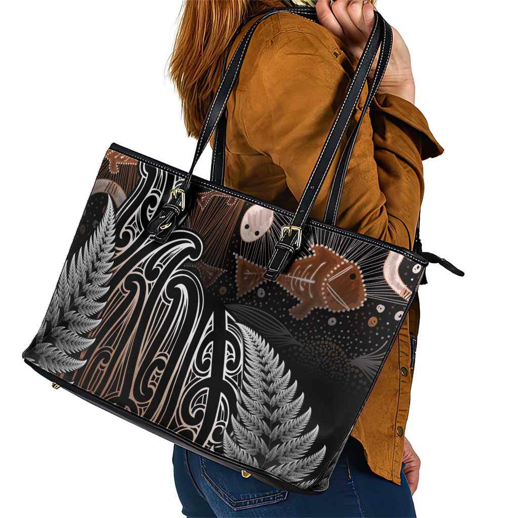 Aotearoa Maori - Australia Indigenous Leather Tote Bag Koiri Whakairo Mix Aboriginal Art - Aussie Hoodie
