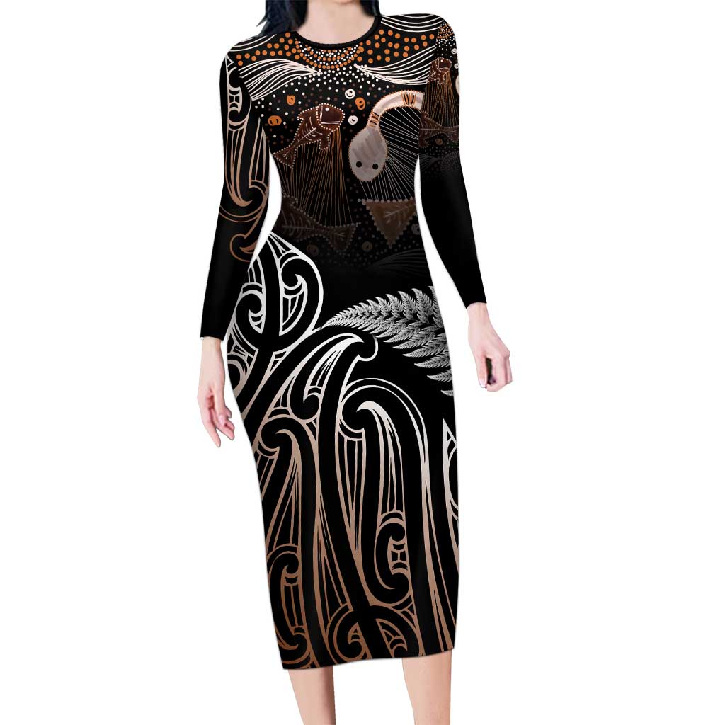 Aotearoa Maori - Australia Indigenous Long Sleeve Bodycon Dress Koiri Whakairo Mix Aboriginal Art - Aussie Hoodie