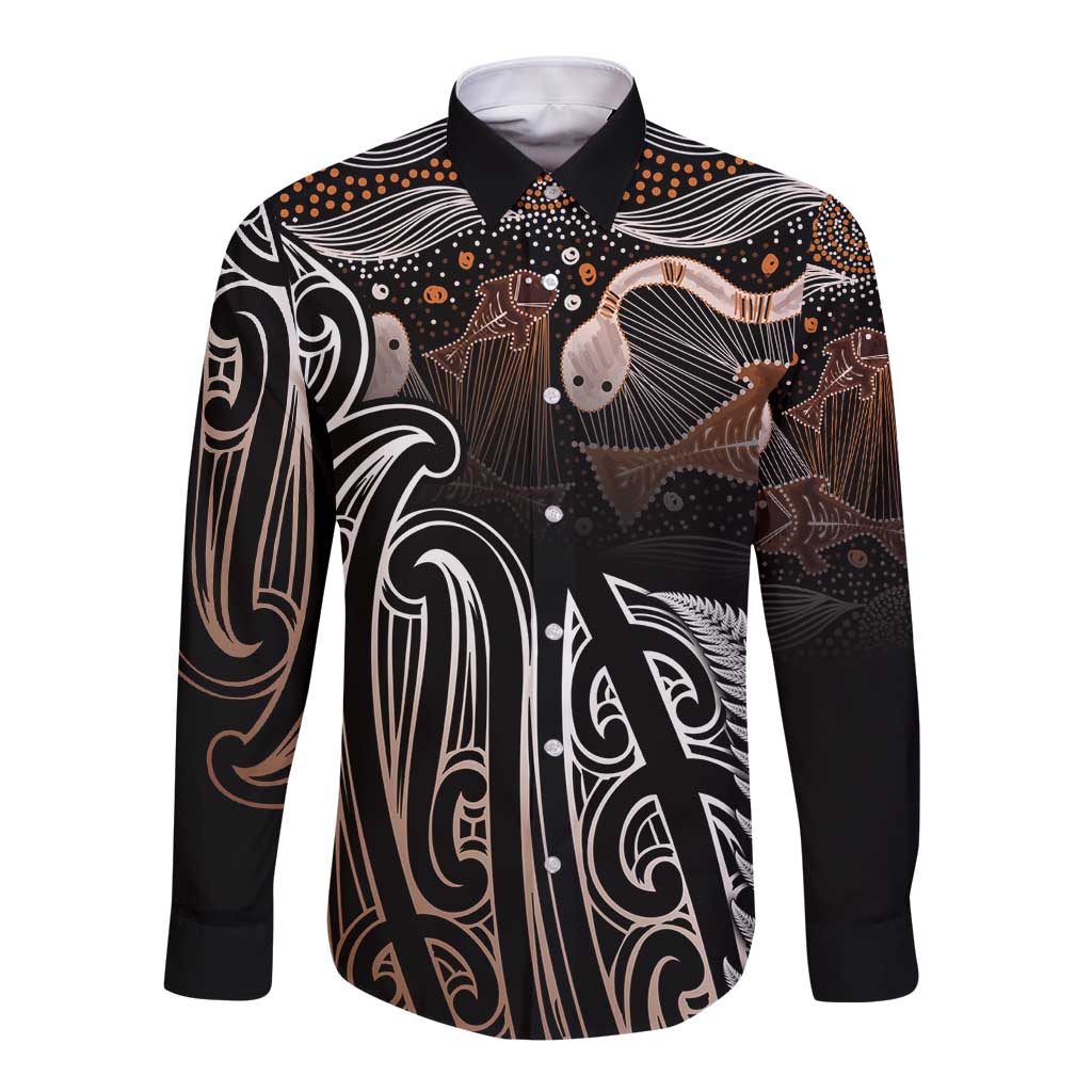Aotearoa Maori - Australia Indigenous Long Sleeve Button Shirt Koiri Whakairo Mix Aboriginal Art - Aussie Hoodie
