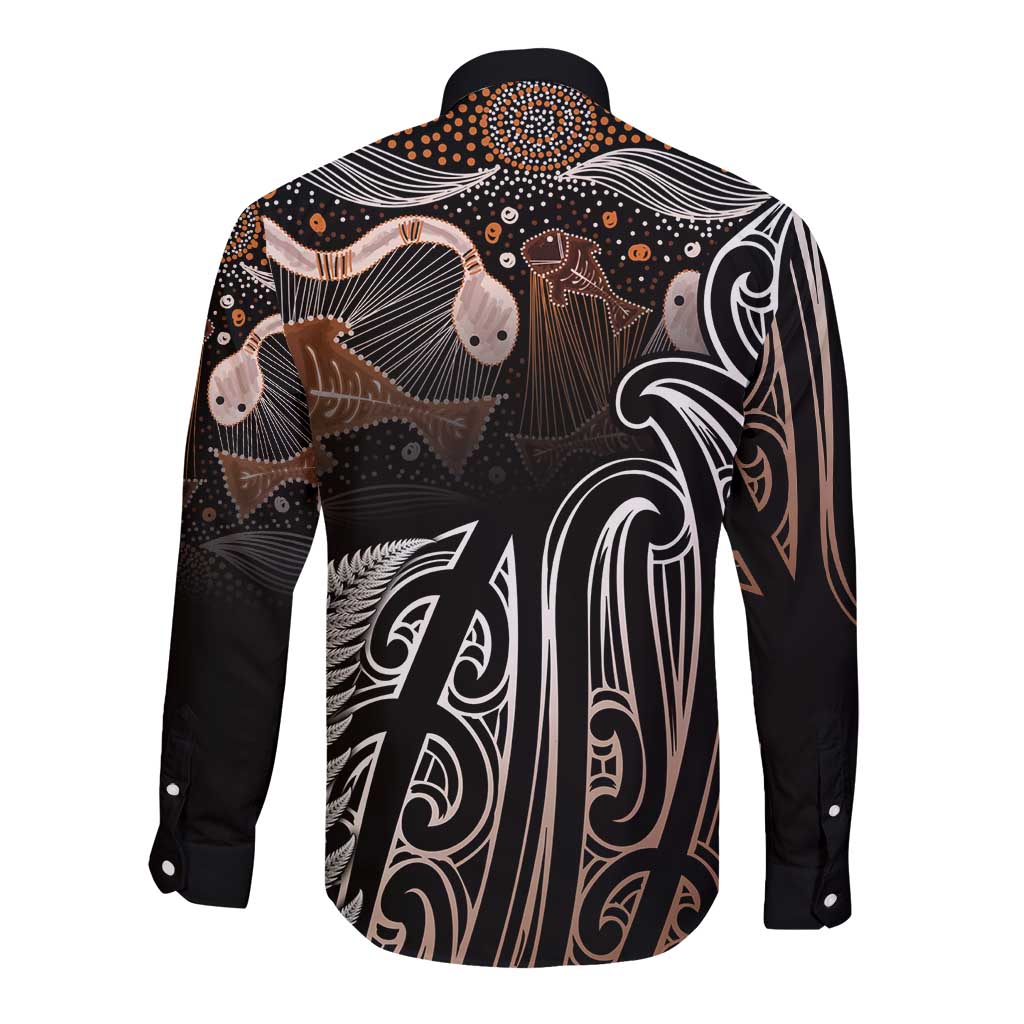 Aotearoa Maori - Australia Indigenous Long Sleeve Button Shirt Koiri Whakairo Mix Aboriginal Art - Aussie Hoodie