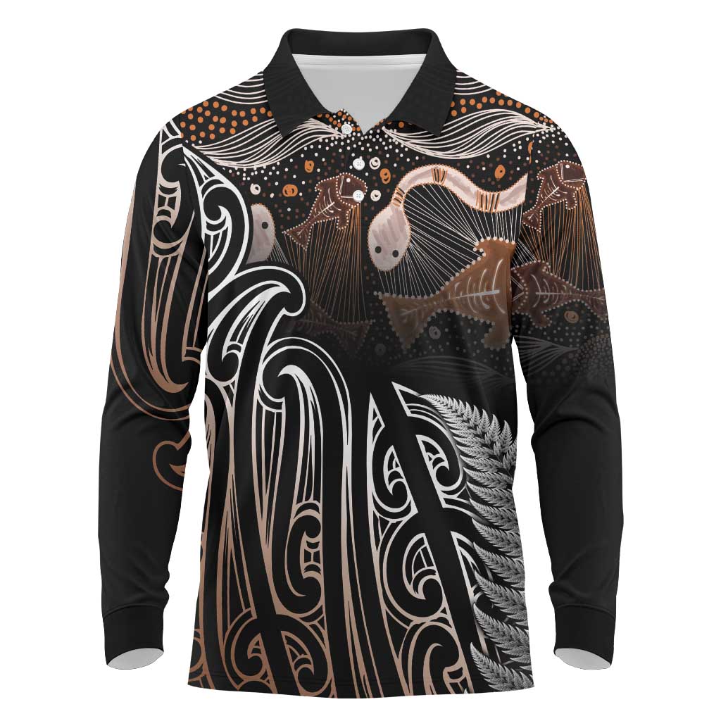 Aotearoa Maori - Australia Indigenous Long Sleeve Polo Shirt Koiri Whakairo Mix Aboriginal Art - Aussie Hoodie