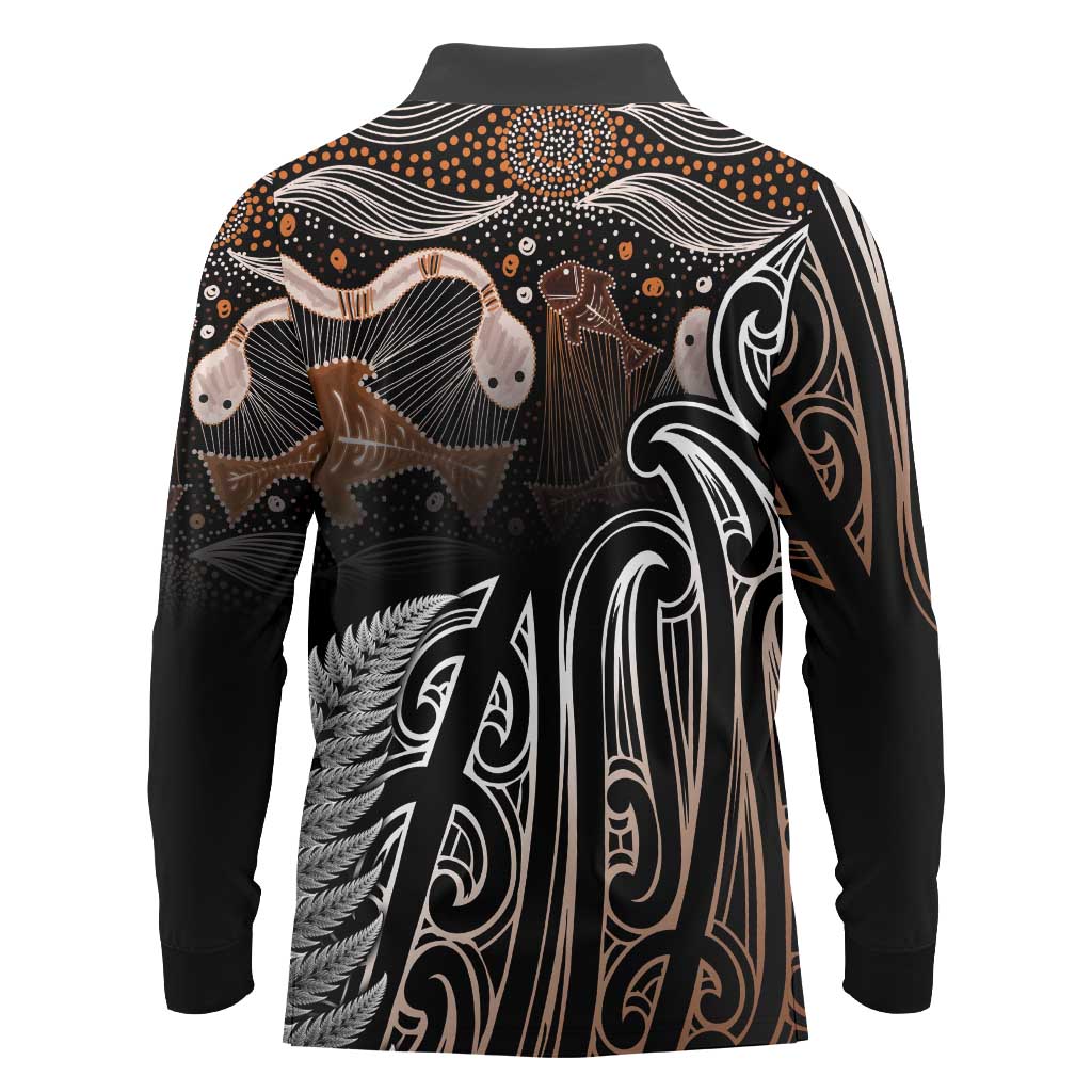Aotearoa Maori - Australia Indigenous Long Sleeve Polo Shirt Koiri Whakairo Mix Aboriginal Art - Aussie Hoodie