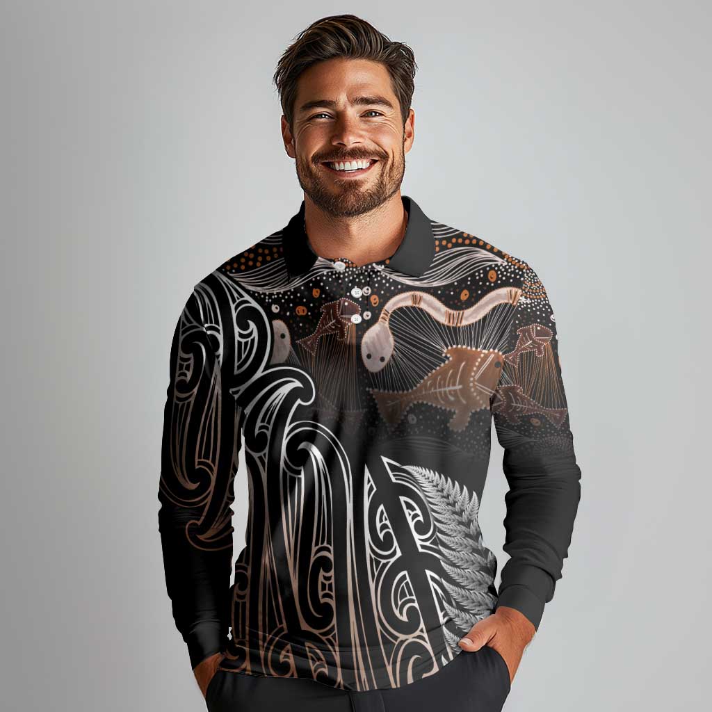 Aotearoa Maori - Australia Indigenous Long Sleeve Polo Shirt Koiri Whakairo Mix Aboriginal Art - Aussie Hoodie