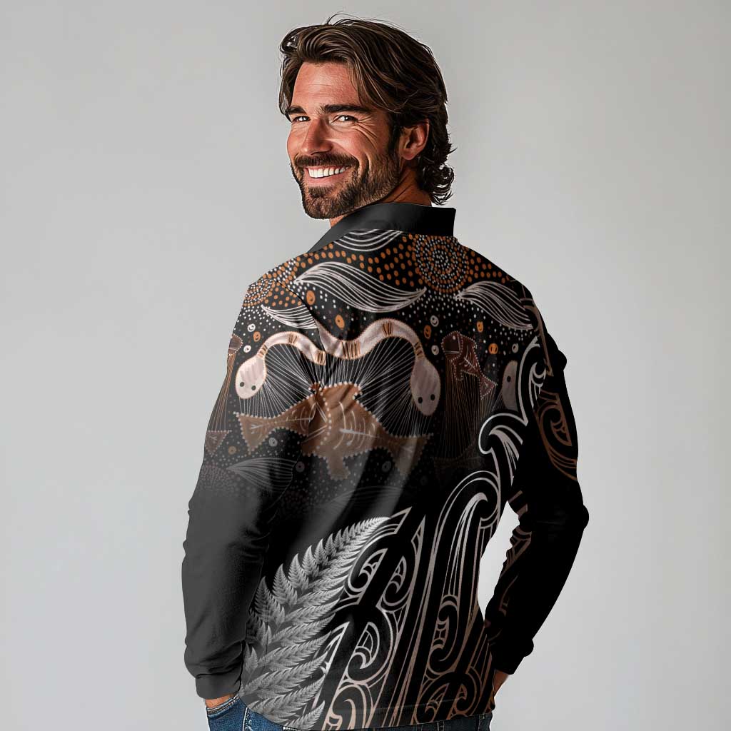 Aotearoa Maori - Australia Indigenous Long Sleeve Polo Shirt Koiri Whakairo Mix Aboriginal Art - Aussie Hoodie