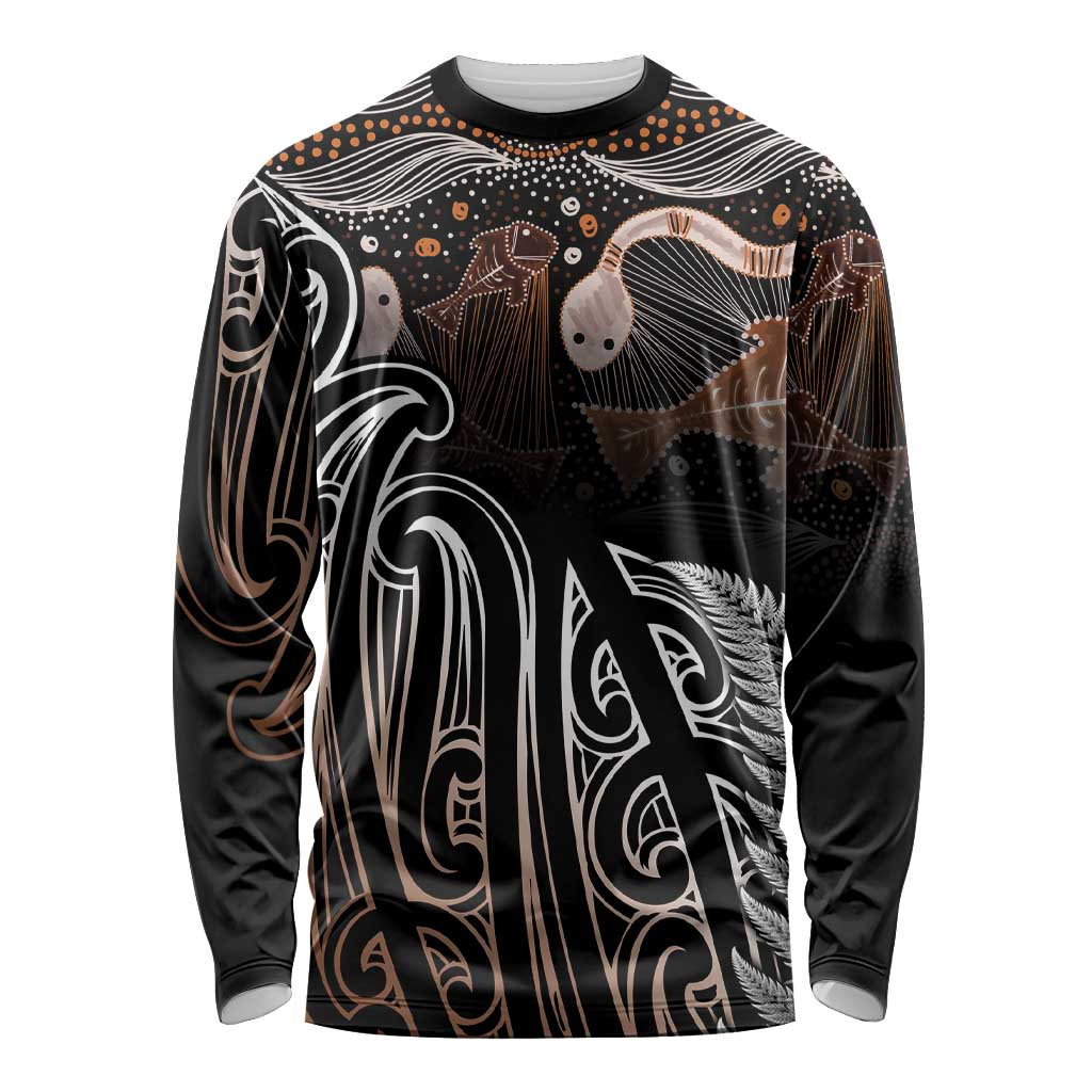 Aotearoa Maori - Australia Indigenous Long Sleeve Shirt Koiri Whakairo Mix Aboriginal Art - Aussie Hoodie