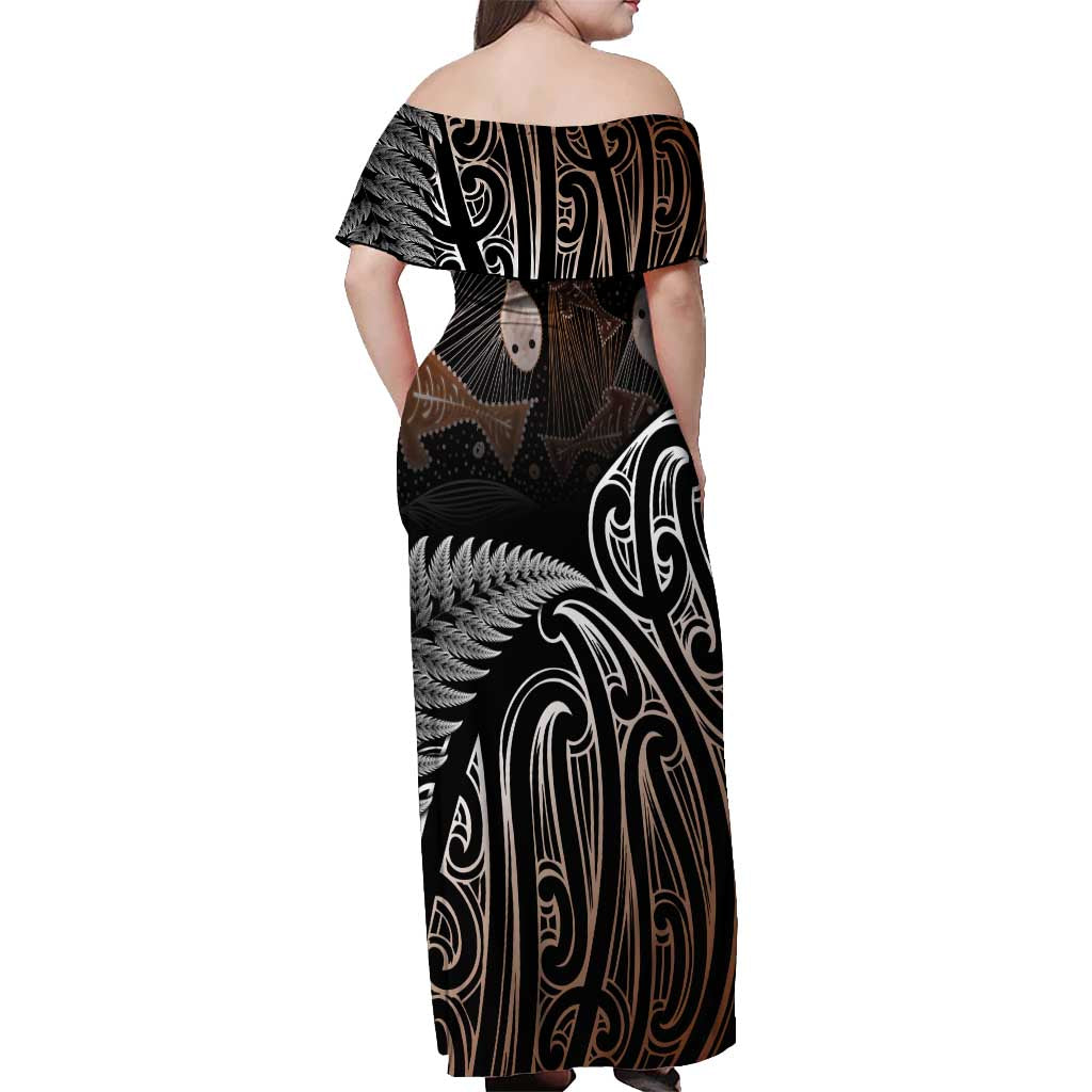 Aotearoa Maori - Australia Indigenous Off Shoulder Maxi Dress Koiri Whakairo Mix Aboriginal Art - Aussie Hoodie