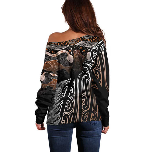 Aotearoa Maori - Australia Indigenous Off Shoulder Sweater Koiri Whakairo Mix Aboriginal Art - Aussie Hoodie