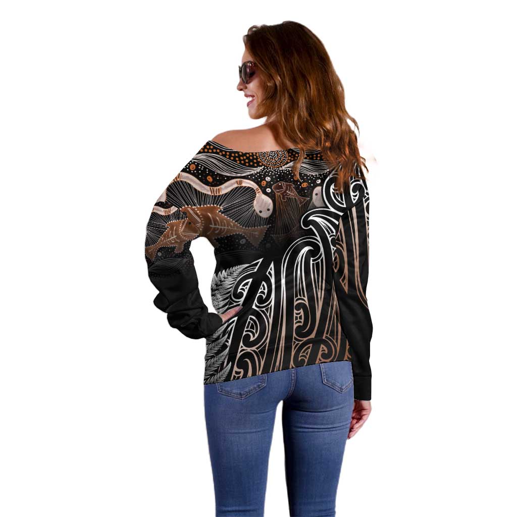 Aotearoa Maori - Australia Indigenous Off Shoulder Sweater Koiri Whakairo Mix Aboriginal Art - Aussie Hoodie