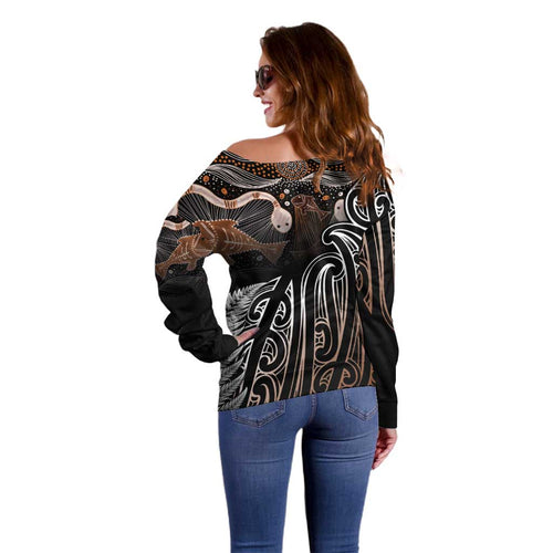 Aotearoa Maori - Australia Indigenous Off Shoulder Sweater Koiri Whakairo Mix Aboriginal Art - Aussie Hoodie