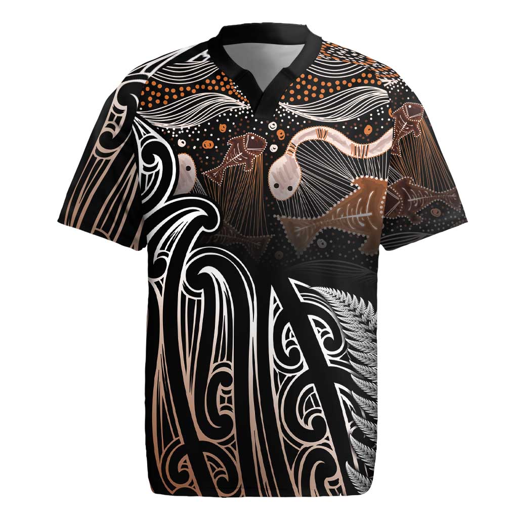 Aotearoa Maori - Australia Indigenous Rugby Jersey Koiri Whakairo Mix Aboriginal Art - Aussie Hoodie