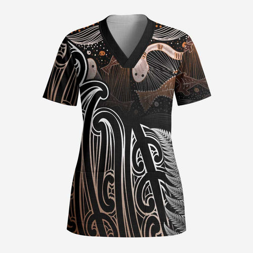 Aotearoa Maori - Australia Indigenous Scrub Top Koiri Whakairo Mix Aboriginal Art - Aussie Hoodie