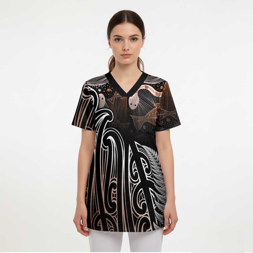 Aotearoa Maori - Australia Indigenous Scrub Top Koiri Whakairo Mix Aboriginal Art - Aussie Hoodie
