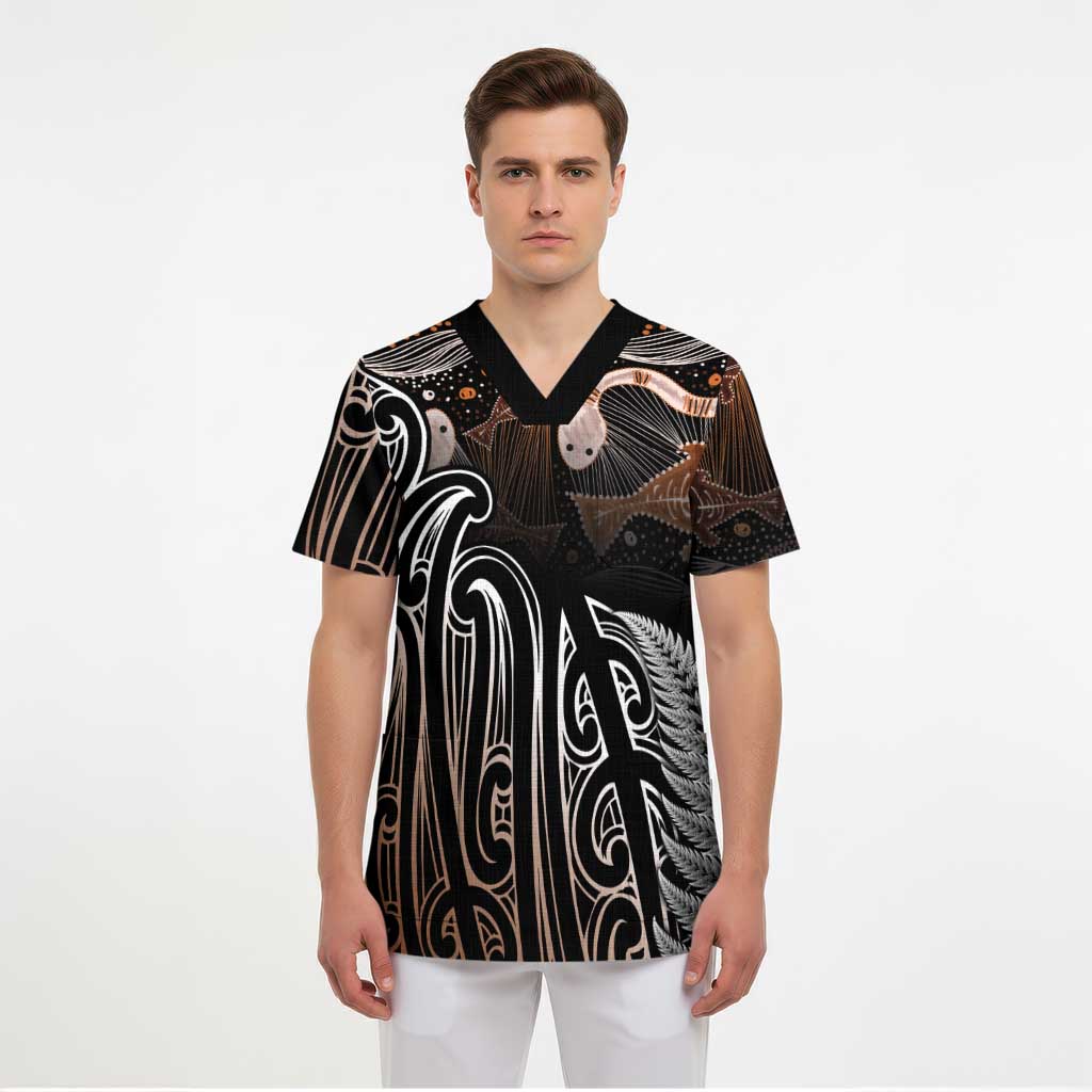 Aotearoa Maori - Australia Indigenous Scrub Top Koiri Whakairo Mix Aboriginal Art - Aussie Hoodie