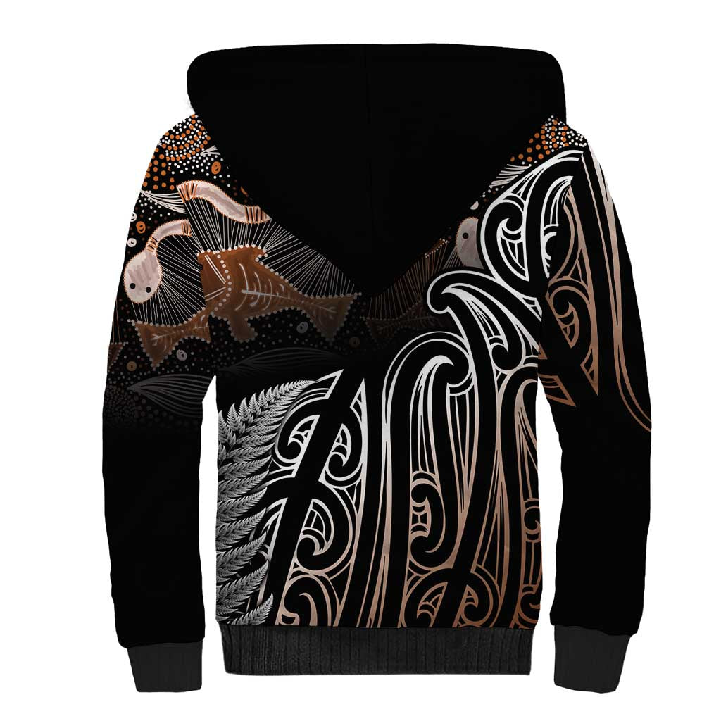 Aotearoa Maori - Australia Indigenous Sherpa Hoodie Koiri Whakairo Mix Aboriginal Art - Aussie Hoodie