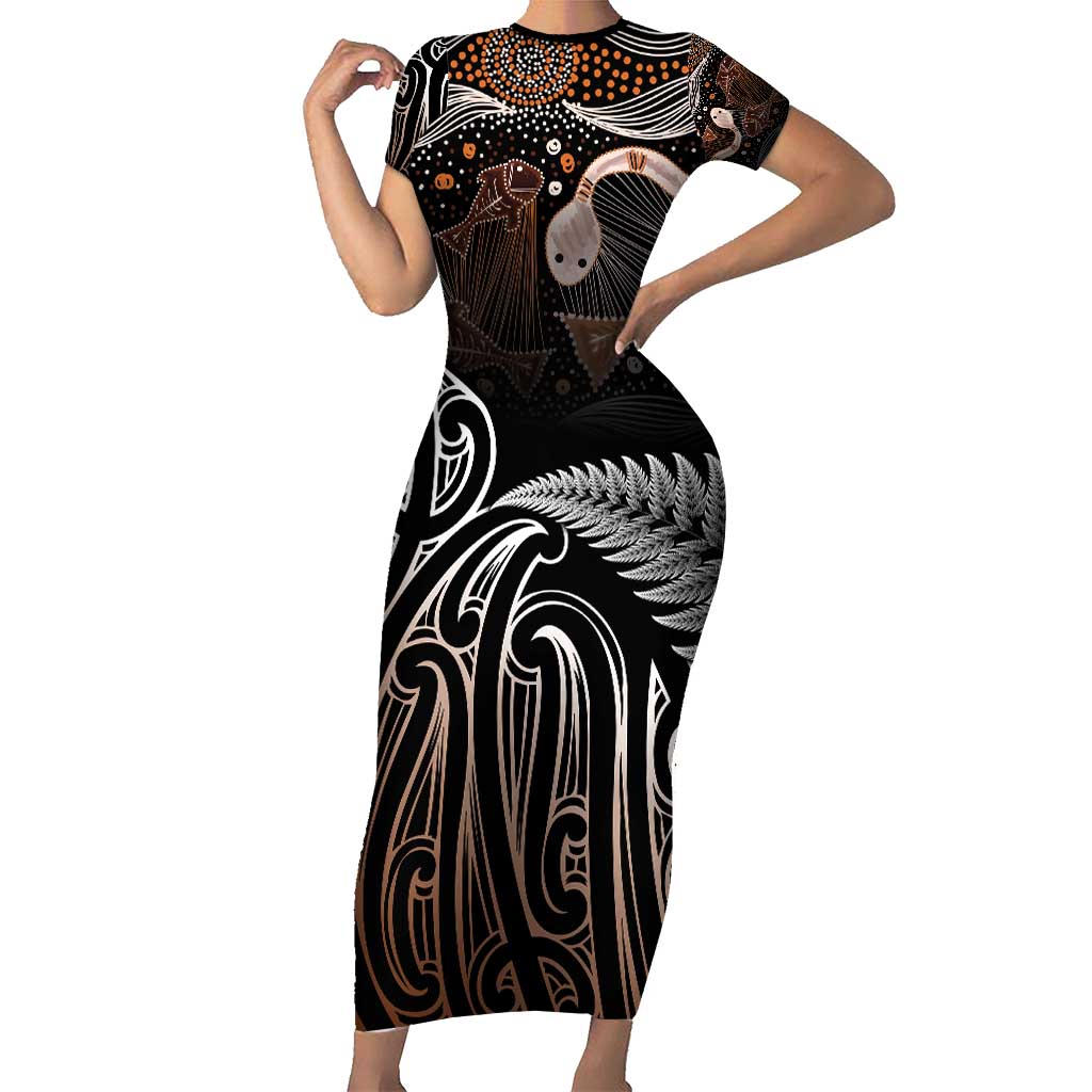 Aotearoa Maori - Australia Indigenous Short Sleeve Bodycon Dress Koiri Whakairo Mix Aboriginal Art - Aussie Hoodie