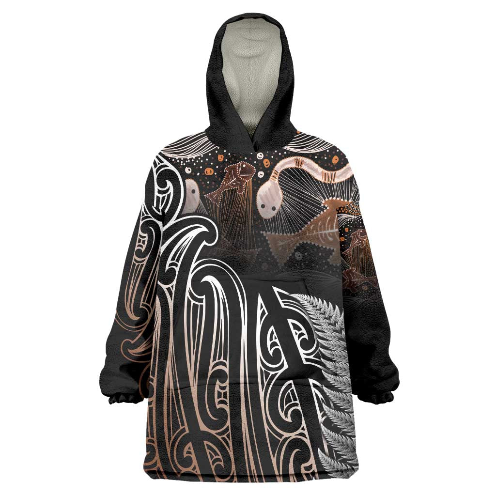 Aotearoa Maori - Australia Indigenous Wearable Blanket Hoodie Koiri Whakairo Mix Aboriginal Art - Aussie Hoodie