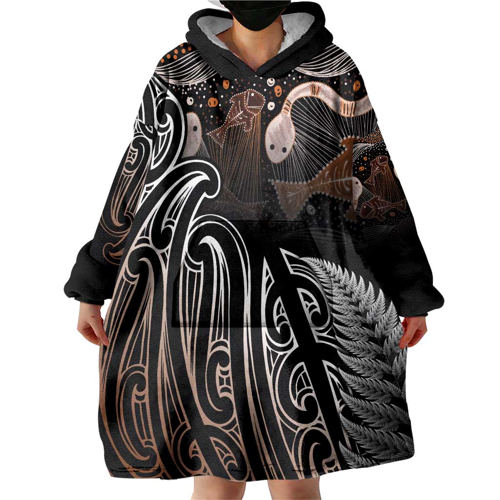 Aotearoa Maori - Australia Indigenous Wearable Blanket Hoodie Koiri Whakairo Mix Aboriginal Art - Aussie Hoodie