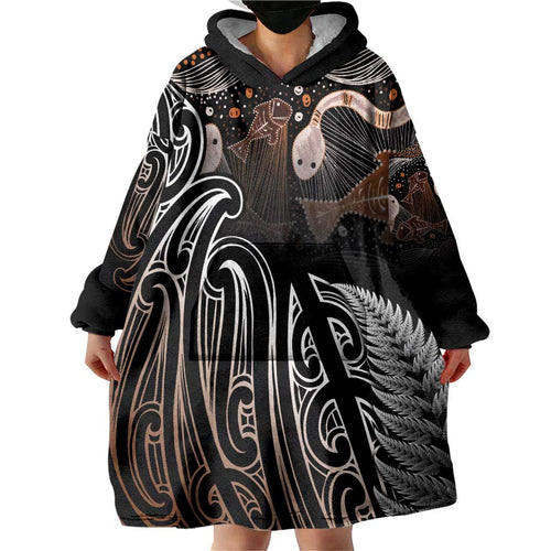 Aotearoa Maori - Australia Indigenous Wearable Blanket Hoodie Koiri Whakairo Mix Aboriginal Art - Aussie Hoodie