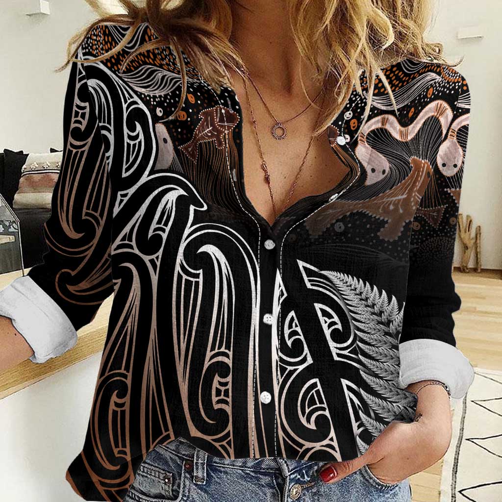 Aotearoa Maori - Australia Indigenous Women Casual Shirt Koiri Whakairo Mix Aboriginal Art - Aussie Hoodie
