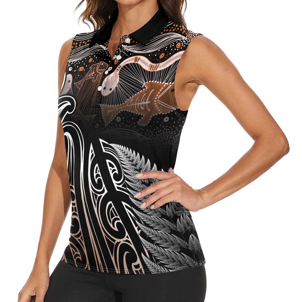 Aotearoa Maori - Australia Indigenous Women Sleeveless Polo Shirt Koiri Whakairo Mix Aboriginal Art - Aussie Hoodie