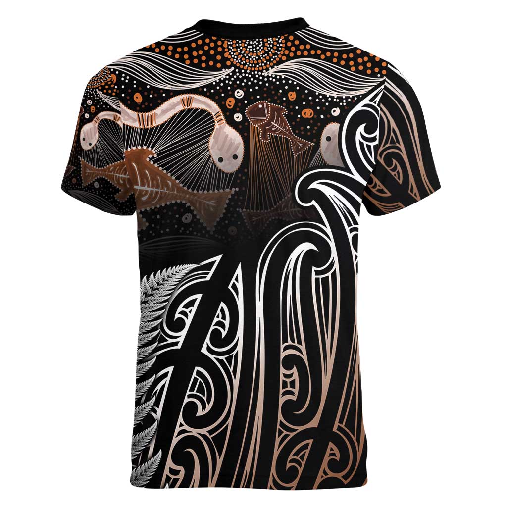 Aotearoa Maori - Australia Indigenous Women V-Neck T-Shirt Koiri Whakairo Mix Aboriginal Art - Aussie Hoodie