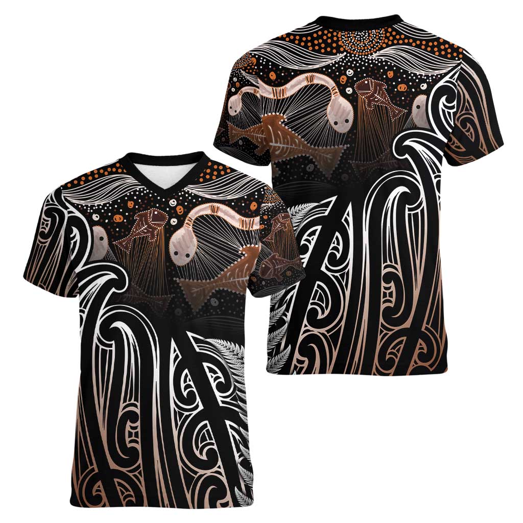 Aotearoa Maori - Australia Indigenous Women V-Neck T-Shirt Koiri Whakairo Mix Aboriginal Art - Aussie Hoodie