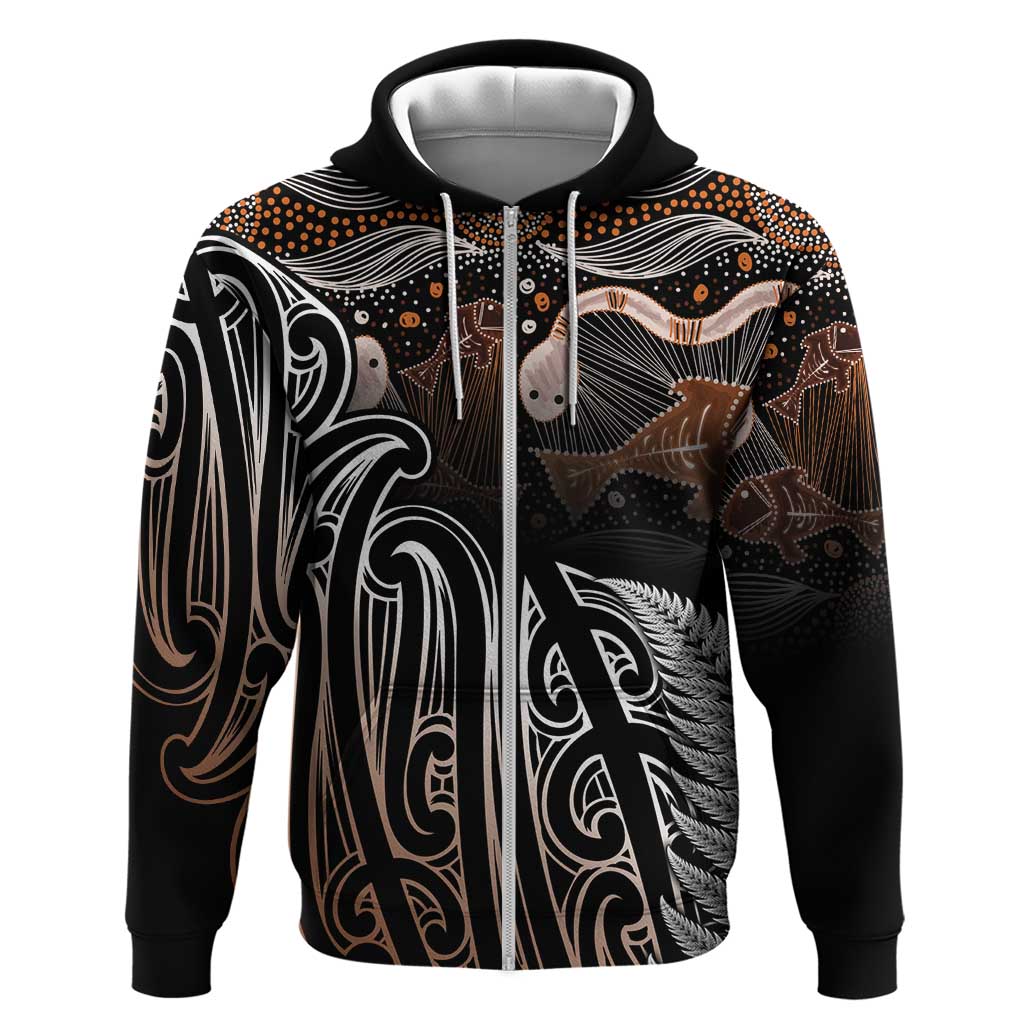 Aotearoa Maori - Australia Indigenous Zip Hoodie Koiri Whakairo Mix Aboriginal Art - Aussie Hoodie
