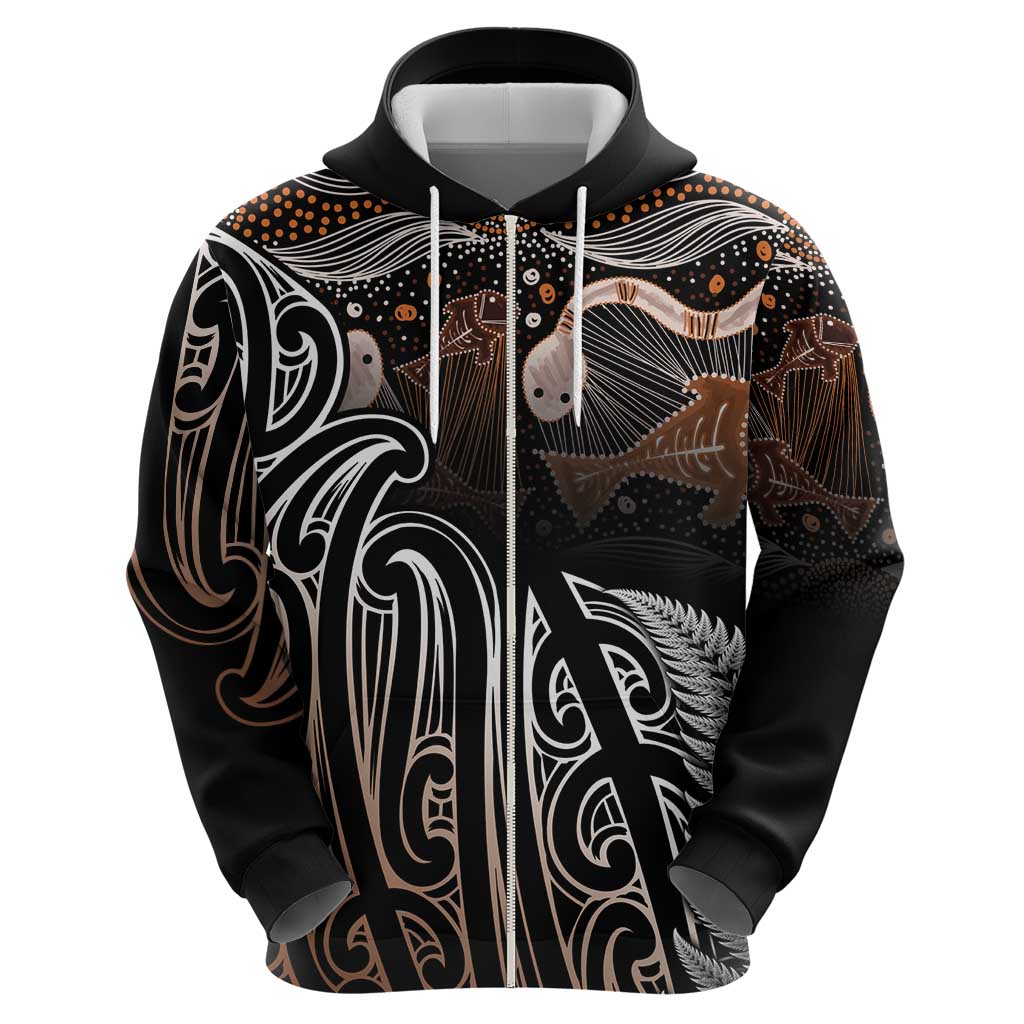 Aotearoa Maori - Australia Indigenous Zip Hoodie Koiri Whakairo Mix Aboriginal Art - Aussie Hoodie