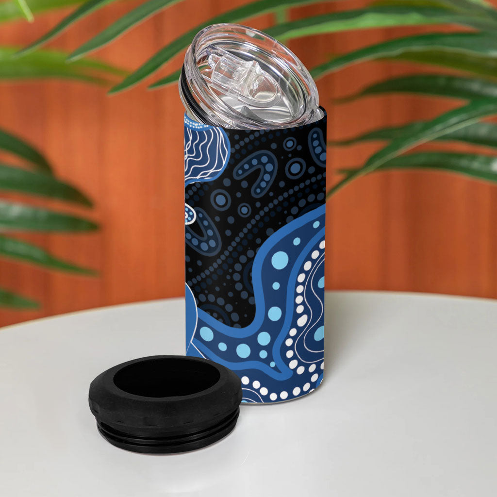 Prostate Cancer Awareness Aussie Indigenous 4 in 1 Can Cooler Tumbler Blue Ribbon Aboriginal Arts