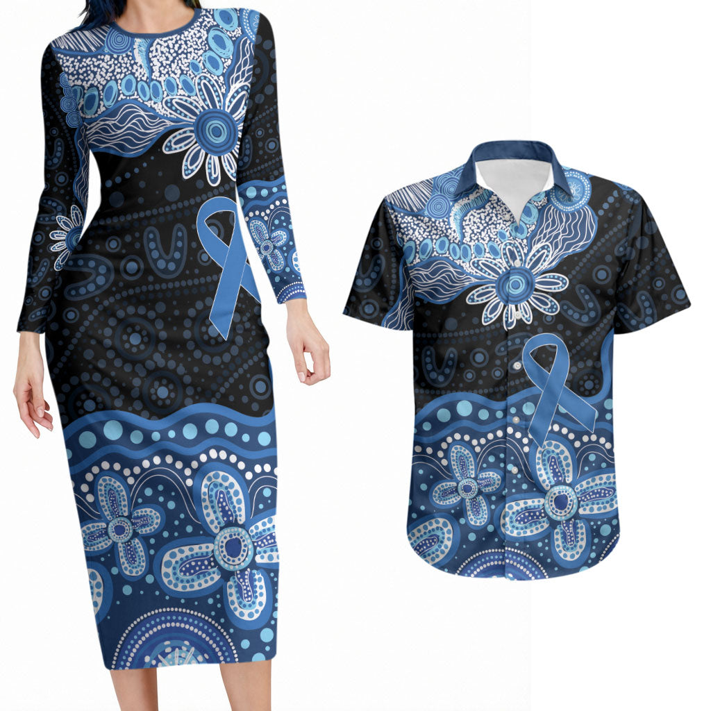 Prostate Cancer Awareness Aussie Indigenous Couples Matching Long Sleeve Bodycon Dress and Hawaiian Shirt Blue Ribbon Aboriginal Arts