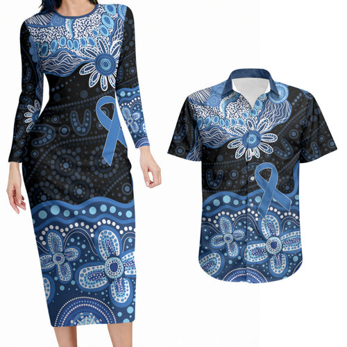 Prostate Cancer Awareness Aussie Indigenous Couples Matching Long Sleeve Bodycon Dress and Hawaiian Shirt Blue Ribbon Aboriginal Arts