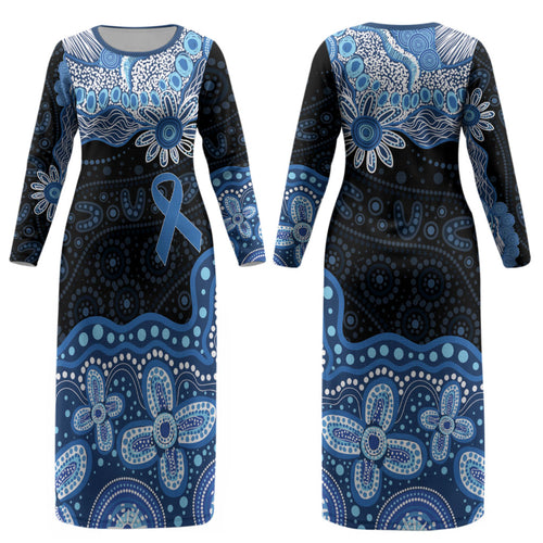 Prostate Cancer Awareness Aussie Indigenous Couples Matching Long Sleeve Bodycon Dress and Hawaiian Shirt Blue Ribbon Aboriginal Arts