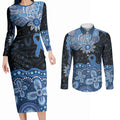 Prostate Cancer Awareness Aussie Indigenous Couples Matching Long Sleeve Bodycon Dress and Long Sleeve Button Shirt Blue Ribbon Aboriginal Arts