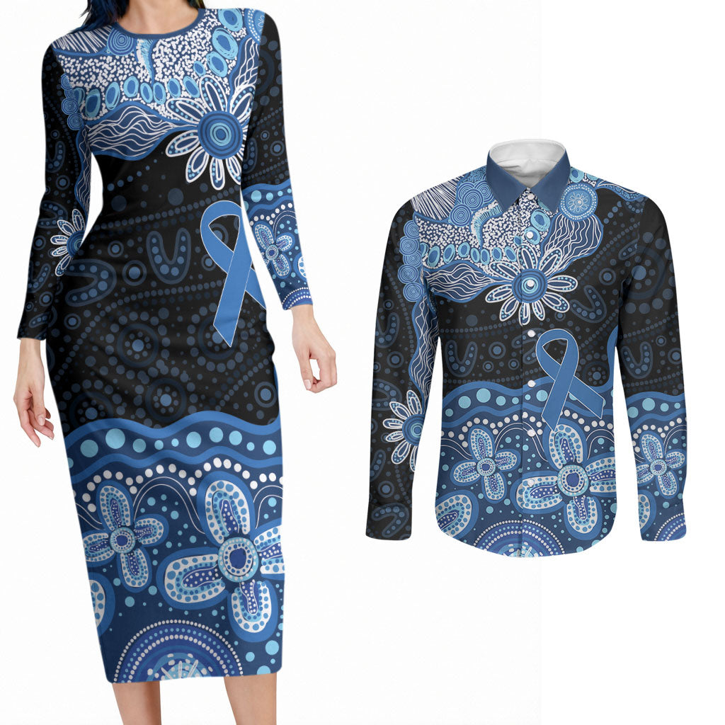 Prostate Cancer Awareness Aussie Indigenous Couples Matching Long Sleeve Bodycon Dress and Long Sleeve Button Shirt Blue Ribbon Aboriginal Arts
