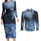 Prostate Cancer Awareness Aussie Indigenous Couples Matching Long Sleeve Bodycon Dress and Long Sleeve Button Shirt Blue Ribbon Aboriginal Arts
