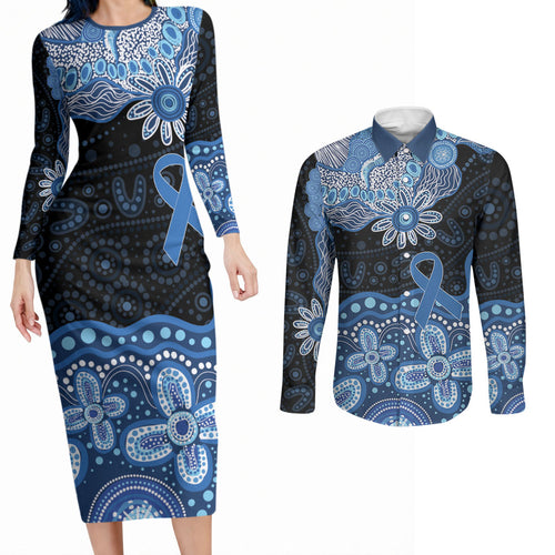 Prostate Cancer Awareness Aussie Indigenous Couples Matching Long Sleeve Bodycon Dress and Long Sleeve Button Shirt Blue Ribbon Aboriginal Arts