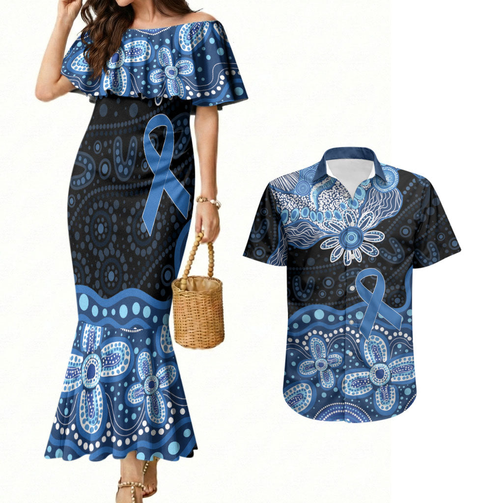 Prostate Cancer Awareness Aussie Indigenous Couples Matching Mermaid Dress and Hawaiian Shirt Blue Ribbon Aboriginal Arts