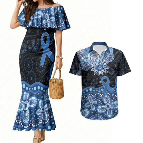 Prostate Cancer Awareness Aussie Indigenous Couples Matching Mermaid Dress and Hawaiian Shirt Blue Ribbon Aboriginal Arts