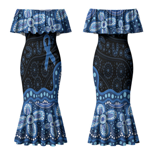 Prostate Cancer Awareness Aussie Indigenous Couples Matching Mermaid Dress and Hawaiian Shirt Blue Ribbon Aboriginal Arts