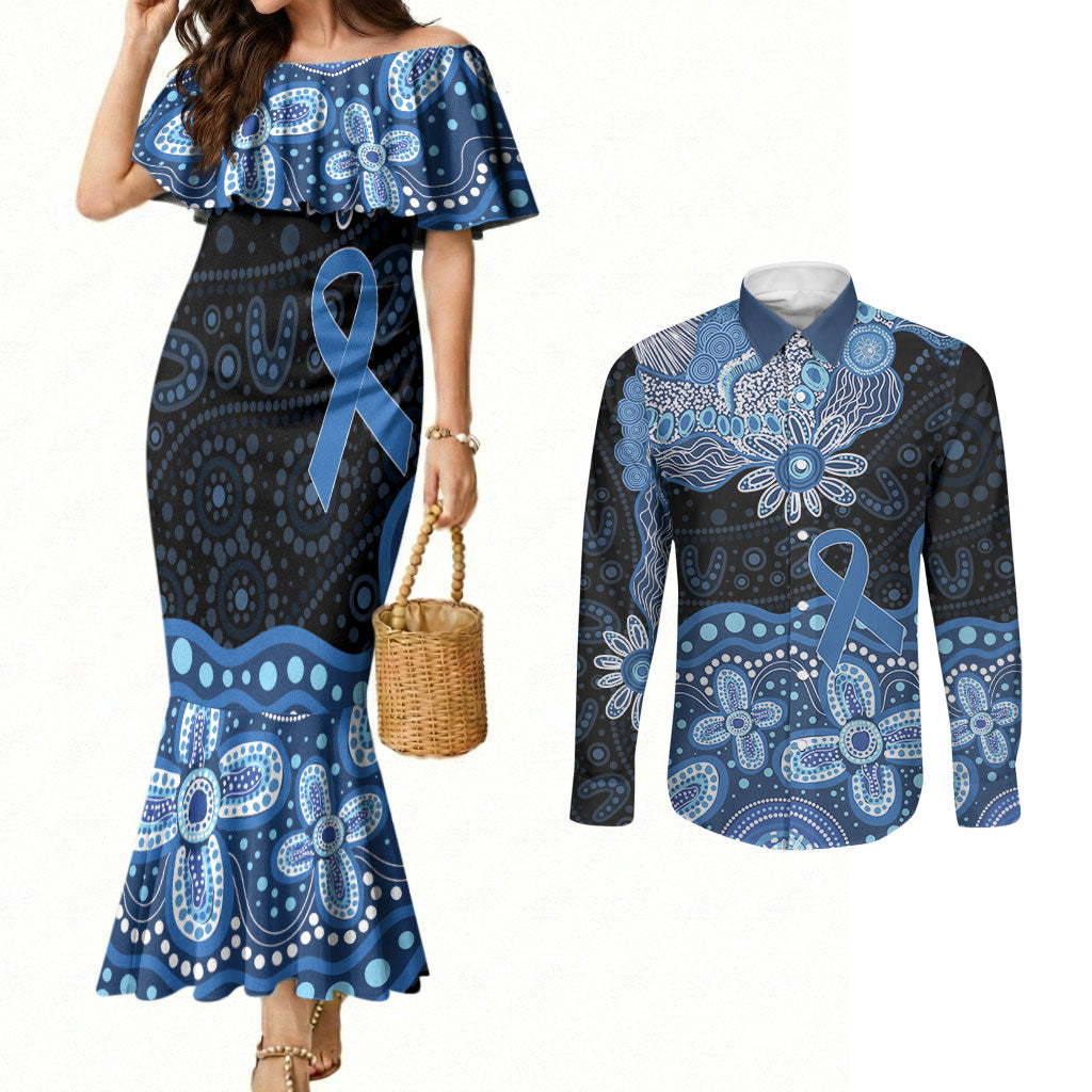 Prostate Cancer Awareness Aussie Indigenous Couples Matching Mermaid Dress and Long Sleeve Button Shirt Blue Ribbon Aboriginal Arts