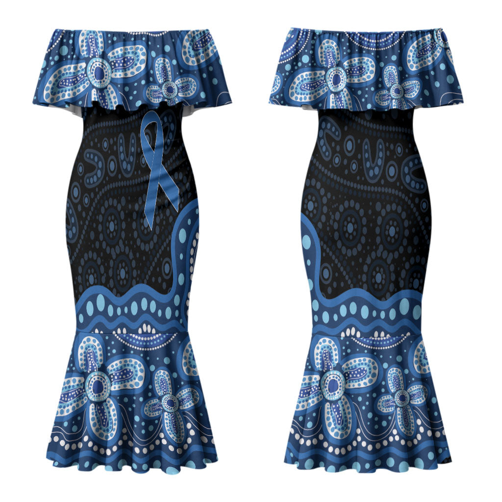 Prostate Cancer Awareness Aussie Indigenous Couples Matching Mermaid Dress and Long Sleeve Button Shirt Blue Ribbon Aboriginal Arts
